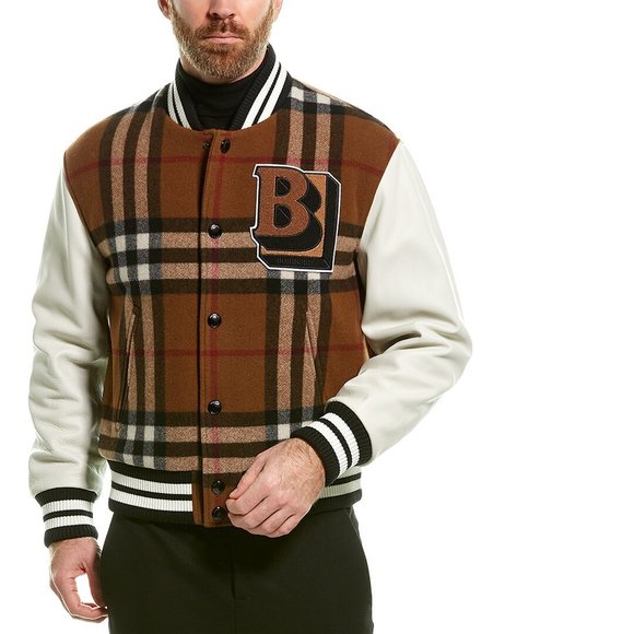 Burberry Leather Sleeve Wool-Blend Bomber Jacket - Picture 3 of 5